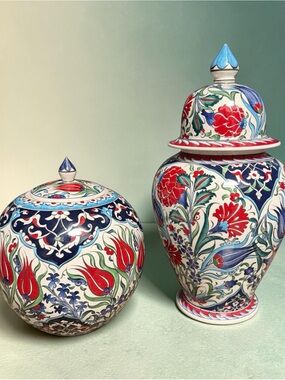 Handmade Turkish Iznik Red Floral Pattern Ceramic Jar Urn Canister Set Of 2